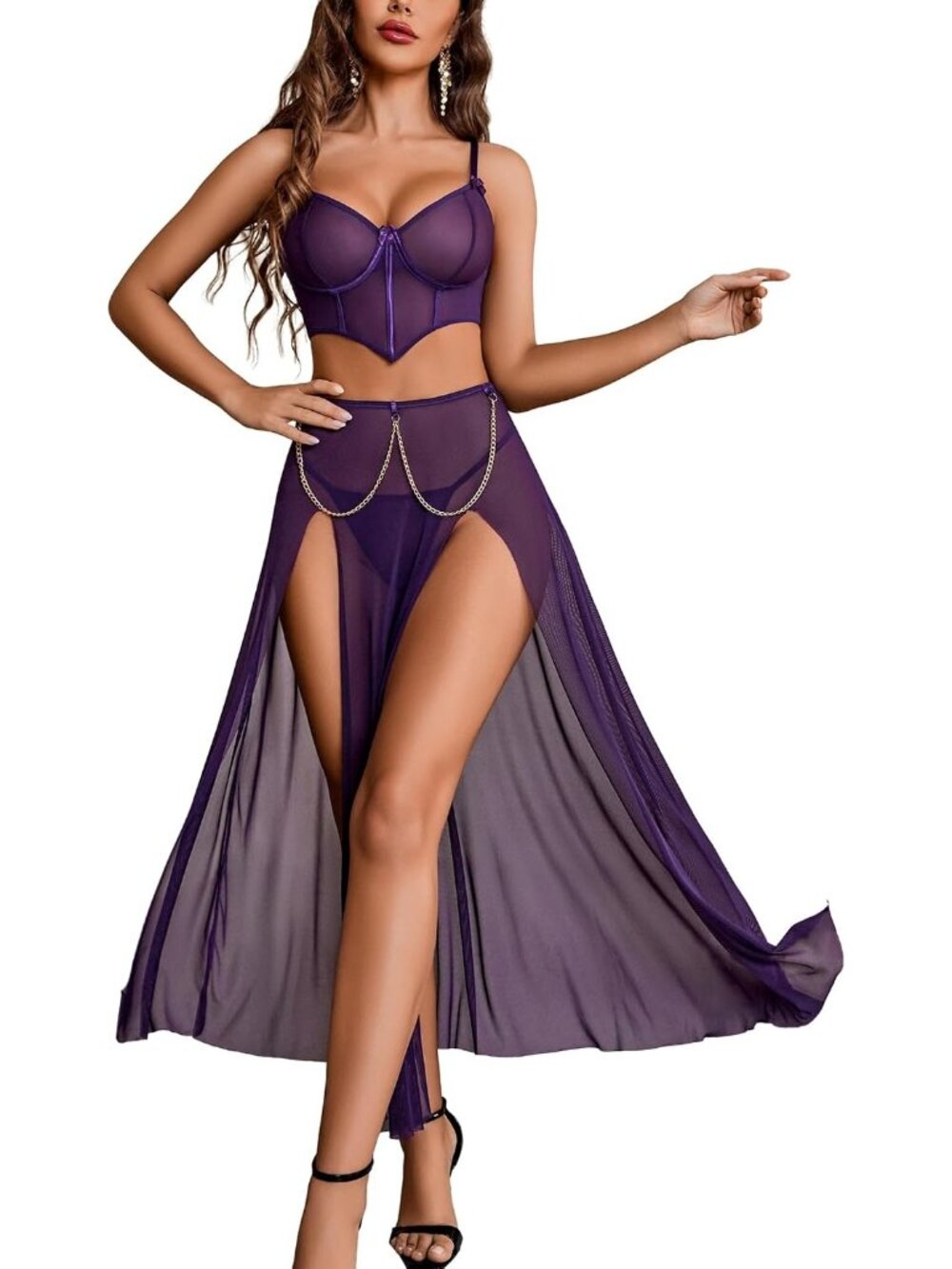 Women's Purple V Neck Sexy Long Skirt Two Side Split Lingerie 3 Piece Outfit